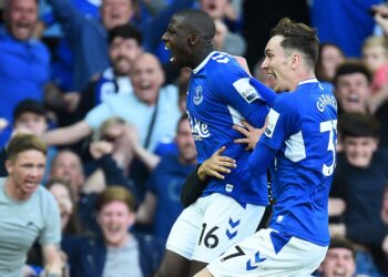 Pemain tengah, EvertonAbdoulaye Doucoure (kiri) meraikan jaringannya.. - AFP