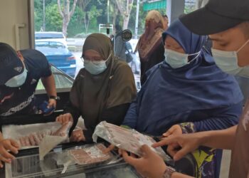 ANGGOTA Bahagian Pengurusan Halal JAIM melakukan pemeriksaan terhadap penggunaan logo halal pada produk daging sejuk beku import di sebuah premis di Ayer Keroh, Melaka. - UTUSAN/AMRAN ALI