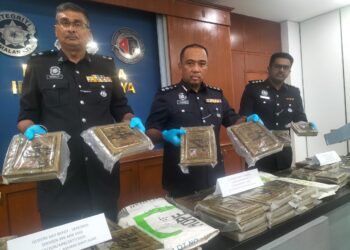 SAZALEE Adam (tengah) menunjukkan sebahagian daripada ganja yang dirampas dalam dua serbuan berasingan Jumaat lalu ketika sidang akhbar di Ibu Pejabat Polis Daerah (IPD) Barat Daya, Pulau Pinang.