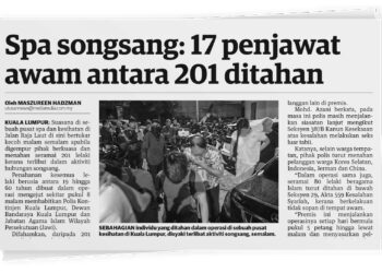 KERATAN akhbar Mingguan Malaysia bertajuk Spa songsang: 17 penjawat awam antara 201 ditahan.