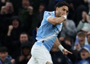 Penyerang Manchester City, Omar Marmoush meraikan jaringan gol menentang Crystal Palace dalam aksi Liga Perdana Inggeris di Stadium Etihad, Manchester, semalam. - AFP