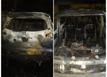 KEADAAN sebahagian daripada kenderaan yang musnah dalam satu kebakaran di sebuah tempat letak kereta di tingkat bawah sebuah pangsapuri di Jelutong, Pulau Pinang, hari ini.-GAMBAR/JBPM PULAU PINANG