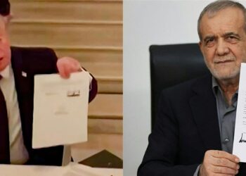 DONALD Trump dan Presiden Iran, Masoud Pezeshkian menunjukkan dokumen MoU yang ditandatangani mereka. - AFP