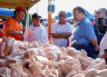 AMIR Hamzah Azizan (kanan) beramah mesra dengan peniaga ayam segar pada Program Lawatan Pasar Tani di Kelana Jaya, Petaling Jaya, Selangor, semalam. Turut serta Tengku Ahmad Badli Shah Raja Hussin (tiga dari kiri). – MINGGUAN/SHIDDIEQIIN ZON