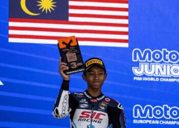 Qabil Irfan meraih kedudukan ketiga dalam perlumbaan 2 pada Kejuaraan Moto4 Piala Eropah di Litar Jerez, Sepanyol, Ahad lalu. - Ihsan SIC Racing