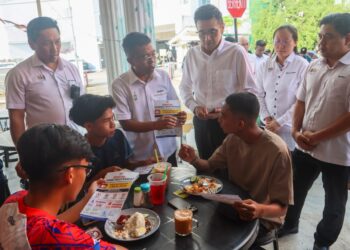 H'NG Mooi Lye (berdiri, tengah) bersama Baderul Amin Abdul Hamid (berdiri, dua dari kiri) ketika sesi lawatan tapak pemantauan pelaksanaan PKM di Bandar Perda, Bukit Mertajam, Pulau Pinang.-UTUSAN/DANIAL SAAD