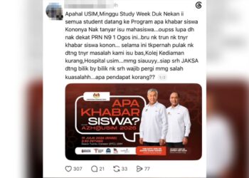 TANGKAP layar pengguna akaun media sosial yang mempertikaikan penganjuran program Apa Khabar Mahasiswa di USIM, Nilai, Negeri Sembilan