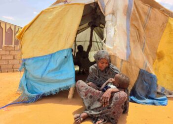 SEORANG wanita Sudan duduk bersama anaknya di kem Al-Rahmaniyah untuk penduduk yang kehilangan tempat tinggal berhampiran bandar El-Obeid, Kordofan Selatan.- AFP
