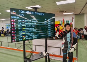 NUR Aina berjaya merangkul pingat emas acara 10 meter (m) air rifle wanita di Lapang Sasar Menembak Subang Jaya, sebentar tadi.