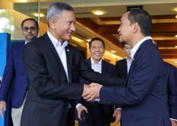 ONN HAFIZ GHAZI bersalam dengan Dr. Vivian Balakrishnan dalam pertemuan di Singapura. sempena lawatan kerja beliau ke republik itu hari ini. Turut kelhatan Dr. Maliki Osman (tengah).