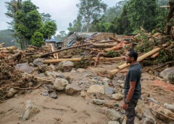SEORANG penduduk berdiri di hadapan timbunan kayu balak yang meranapkan chalet dan rumah  di kaki Gunung Jerai, Yan,  selepas tragedi ‘kepala air’ tahun lalu – UTUSAN/SHAHIR NOORDIN